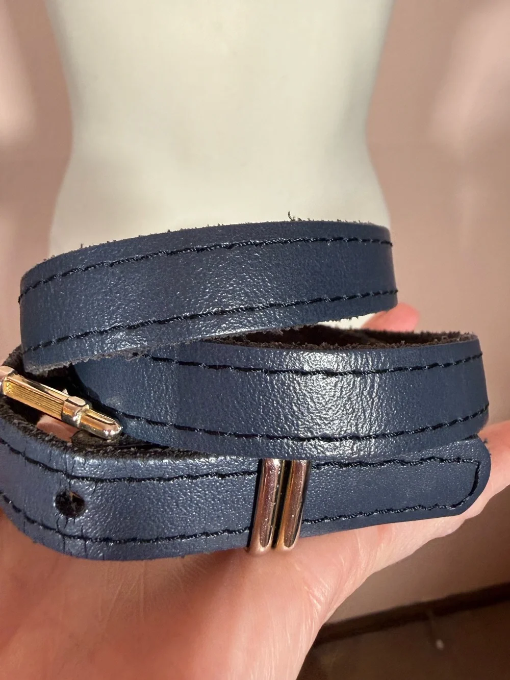 Vintage navy blue leather  minimalist skinny belt 28inches classic academia
